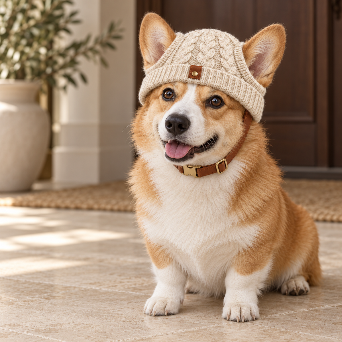 Kindwellia Cream Cable-Knit Pet Beanie with Ear Openings and Brown Strap