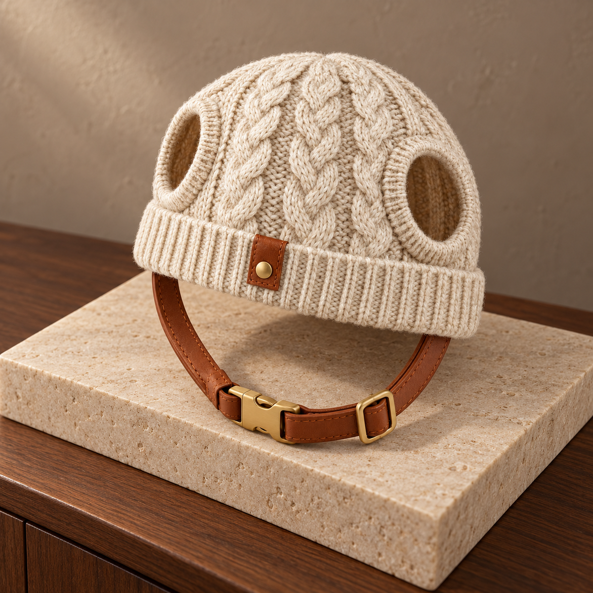 Kindwellia Cream Cable-Knit Pet Beanie with Ear Openings and Brown Strap
