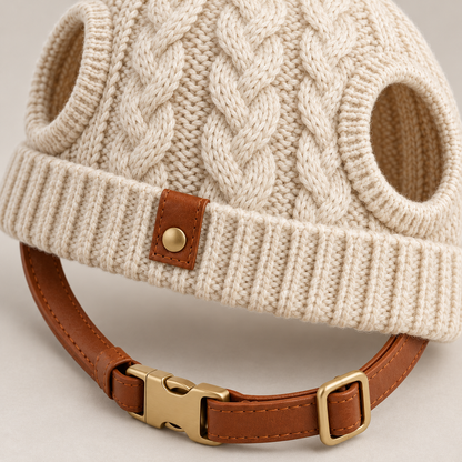 Kindwellia Cream Cable-Knit Pet Beanie with Ear Openings and Brown Strap