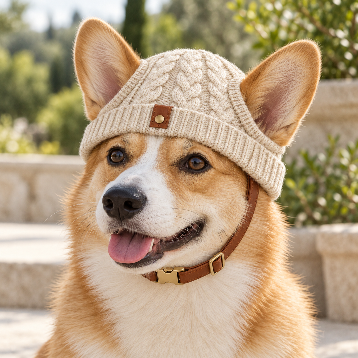Kindwellia Cream Cable-Knit Pet Beanie with Ear Openings and Brown Strap