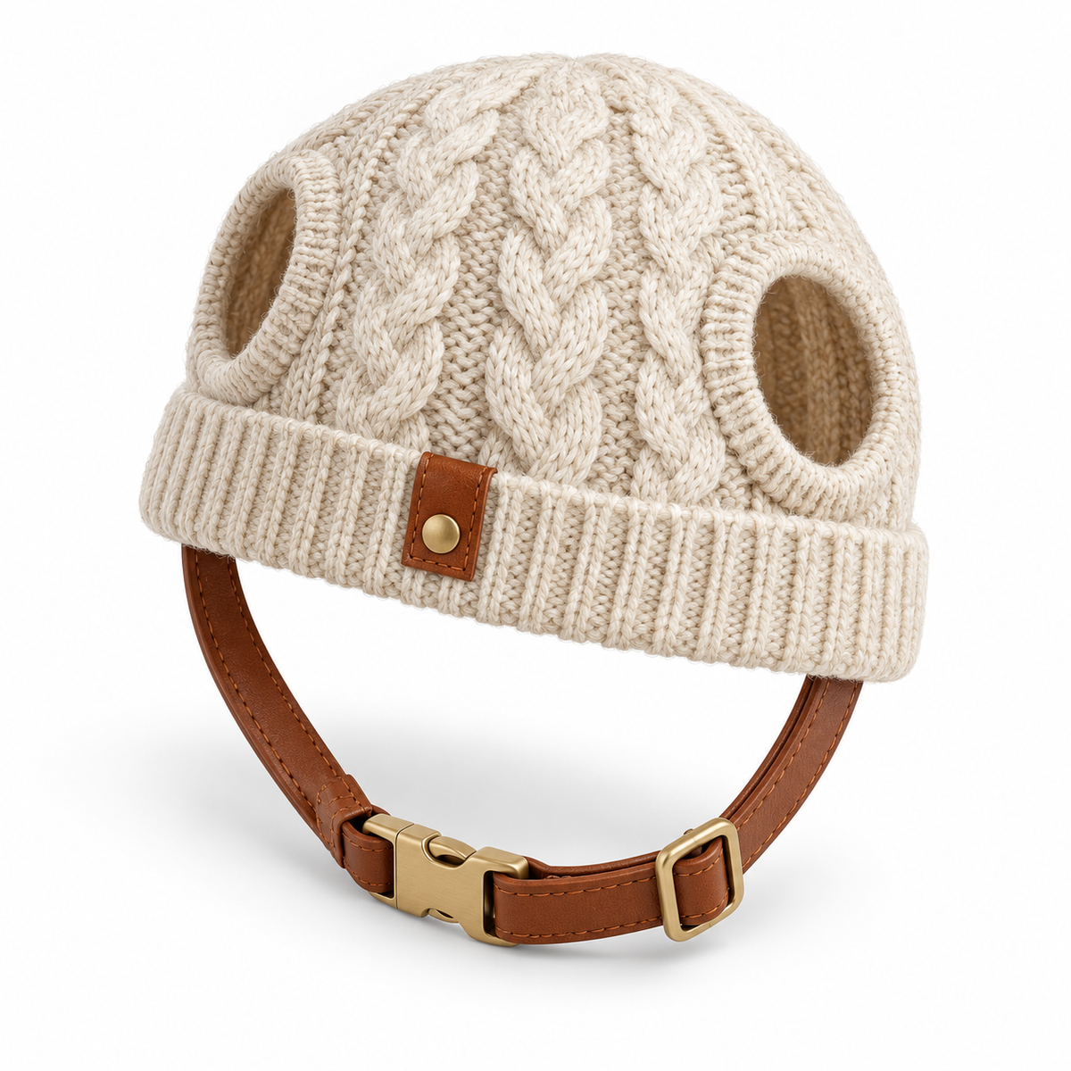 Kindwellia Cream Cable-Knit Pet Beanie with Ear Openings and Brown Strap