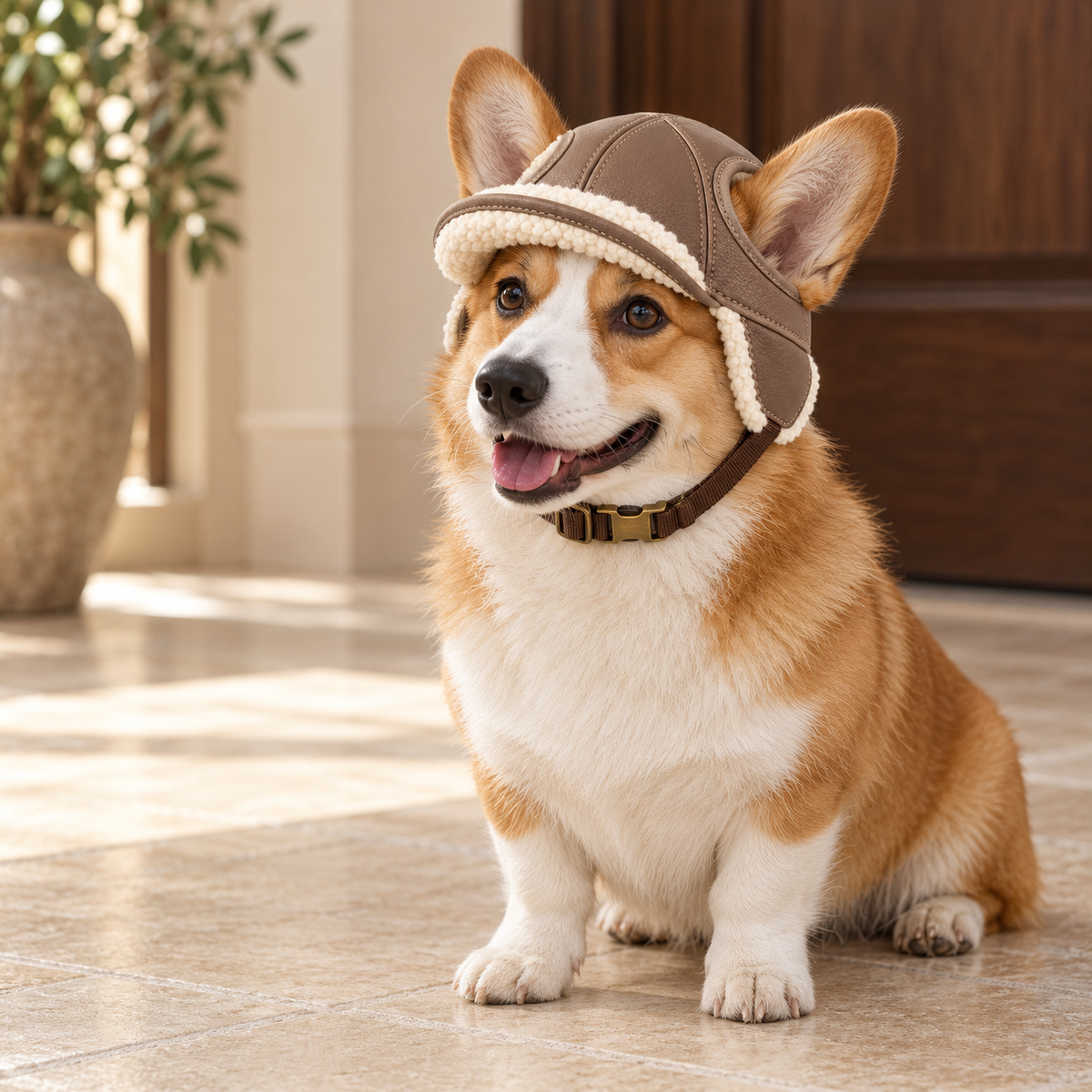 Kindwellia Taupe Pet Aviator Hat with Cream Textured Trim