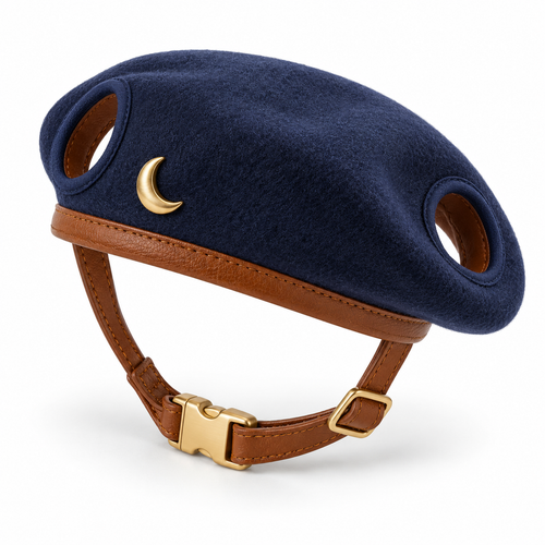 Kindwellia Navy Pet Beret with Gold-Tone Crescent Moon Accent