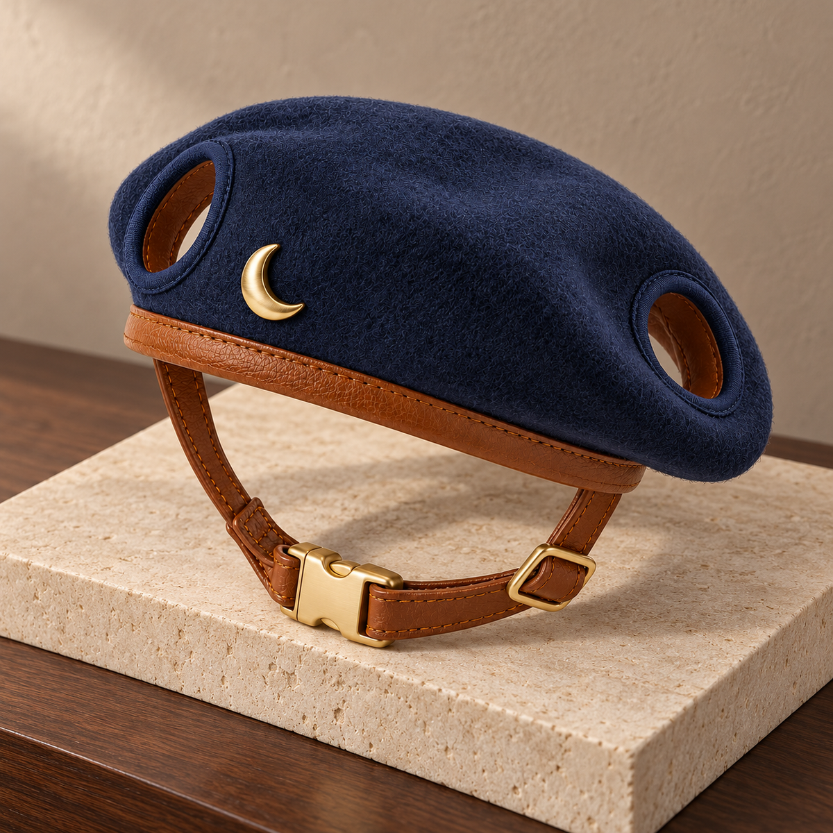 Kindwellia Navy Pet Beret with Gold-Tone Crescent Moon Accent