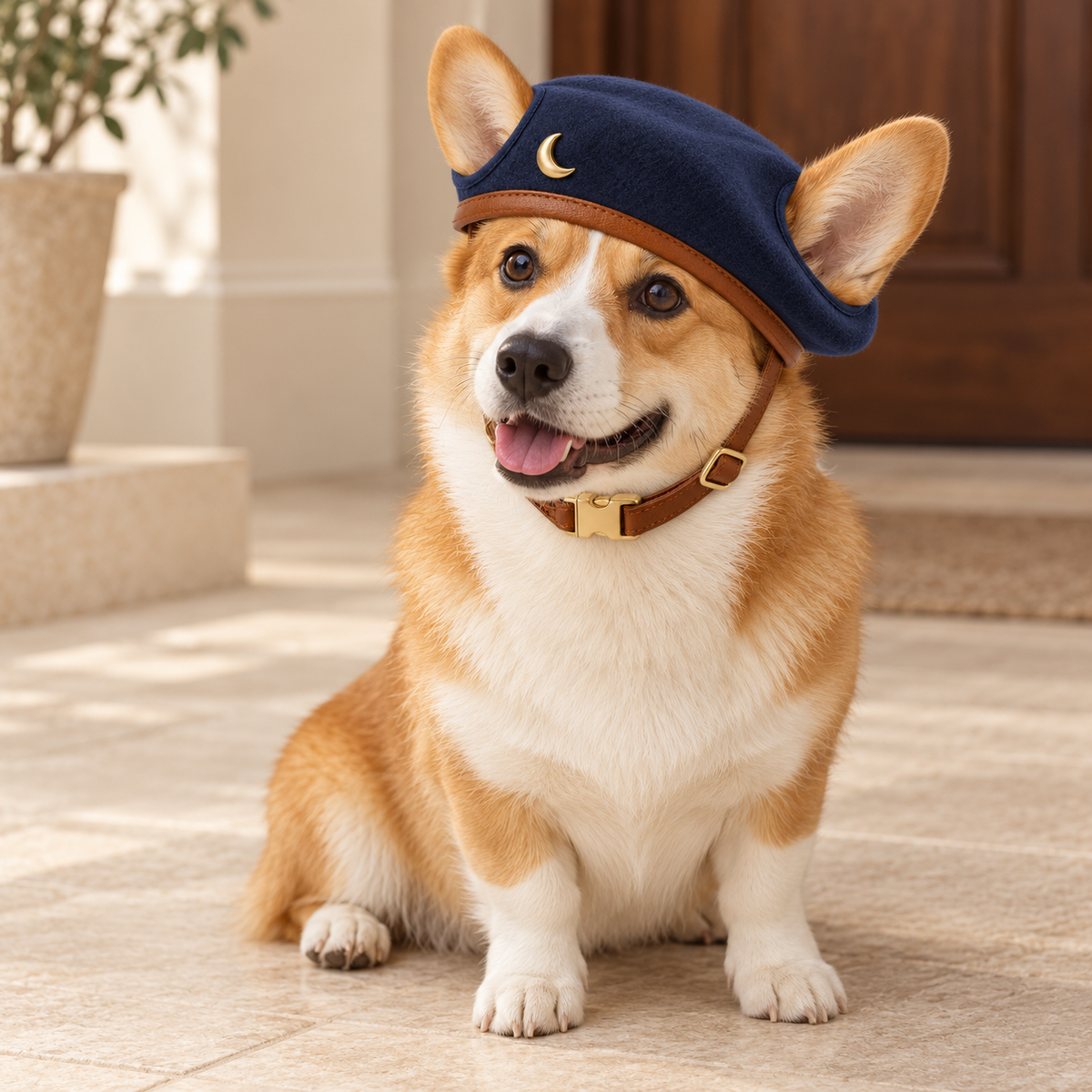 Kindwellia Navy Pet Beret with Gold-Tone Crescent Moon Accent