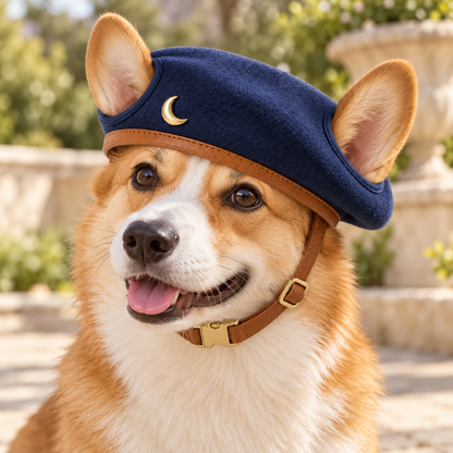 Kindwellia Navy Pet Beret with Gold-Tone Crescent Moon Accent