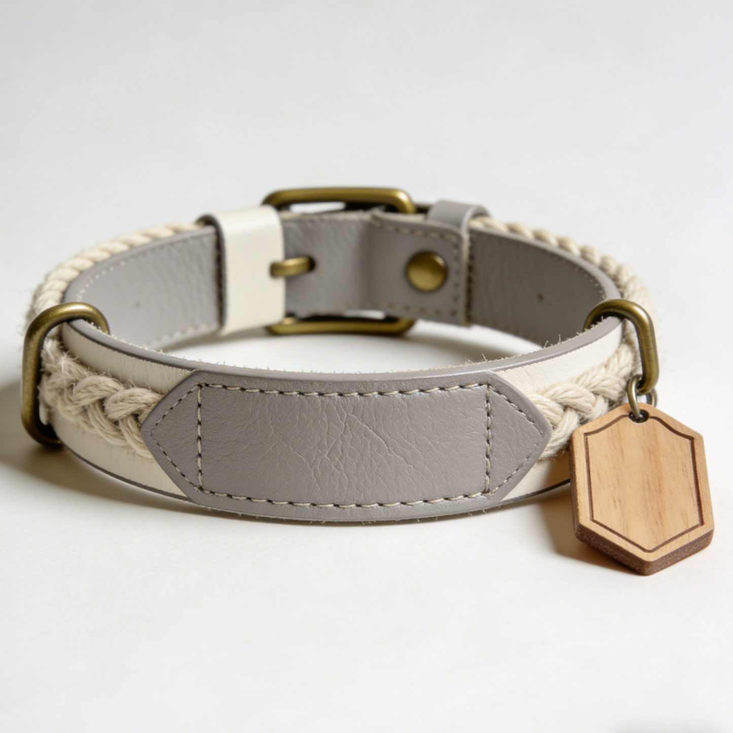 The "Linen Shield" | Hand-Braided Leather Collar with Customizable Wooden Tag