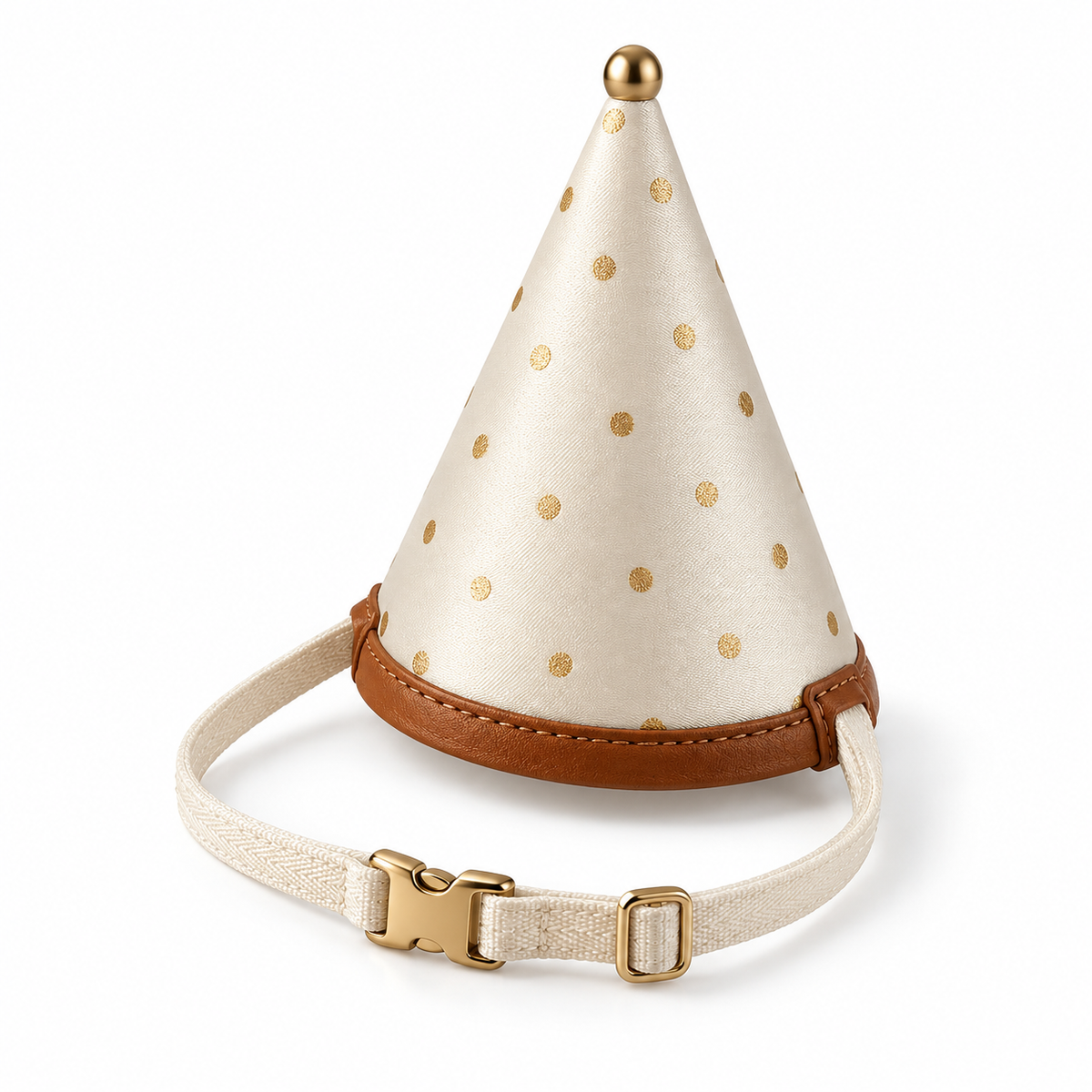 Kindwellia Cream Pet Party Hat with Gold-Tone Polka Dots and Brown Trim