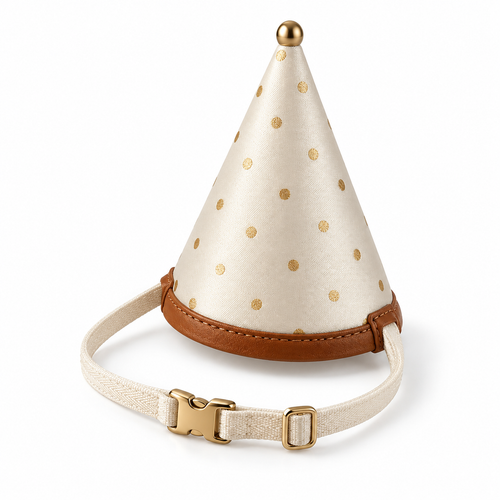 Kindwellia Cream Pet Party Hat with Gold-Tone Polka Dots and Brown Trim