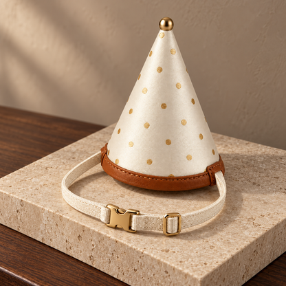 Kindwellia Cream Pet Party Hat with Gold-Tone Polka Dots and Brown Trim