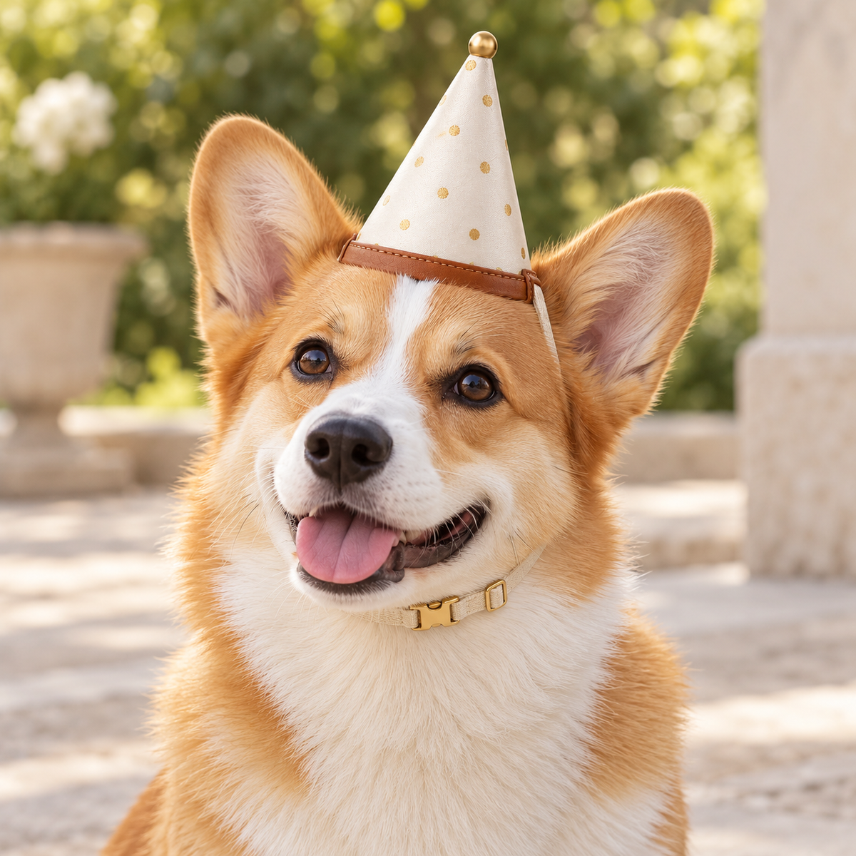 Kindwellia Cream Pet Party Hat with Gold-Tone Polka Dots and Brown Trim
