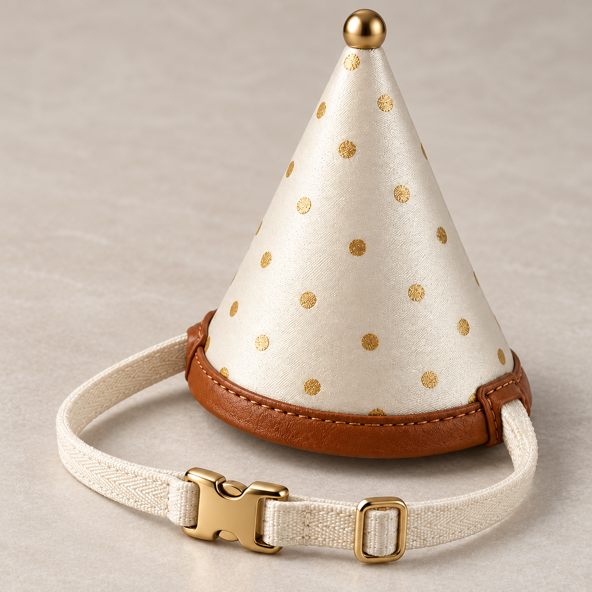 Kindwellia Cream Pet Party Hat with Gold-Tone Polka Dots and Brown Trim