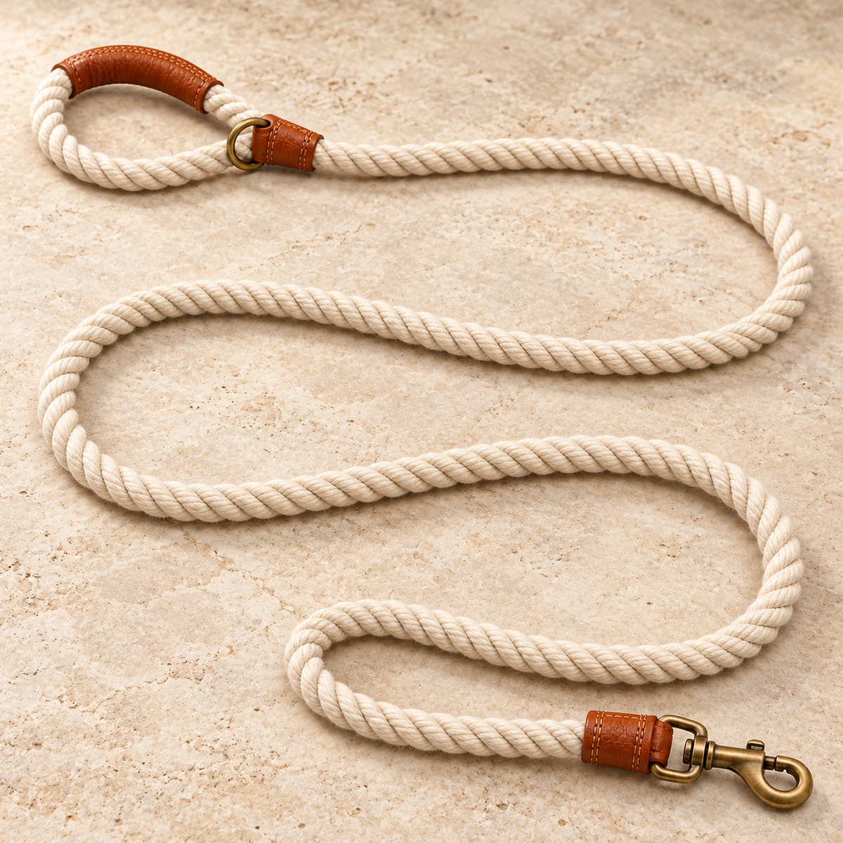 Kindwellia Cream Twisted Rope Pet Leash with Brown Trim and Gold-Tone Clip