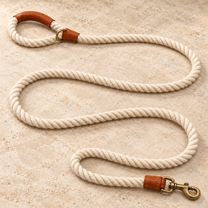 Kindwellia Cream Twisted Rope Pet Leash with Brown Trim and Gold-Tone Clip