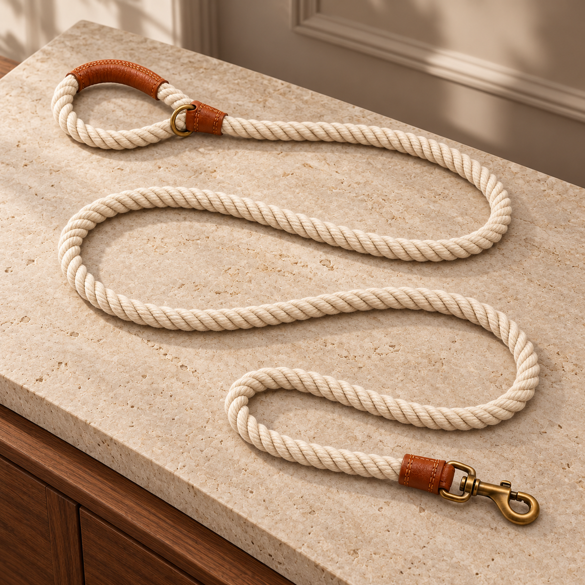 Kindwellia Cream Twisted Rope Pet Leash with Brown Trim and Gold-Tone Clip