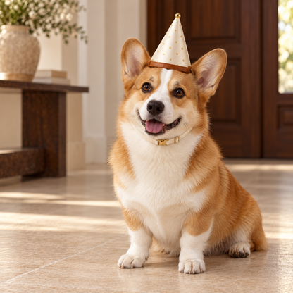 Kindwellia Cream Pet Party Hat with Gold-Tone Polka Dots and Brown Trim